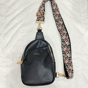Black Crossbody Bag with Floral Strap